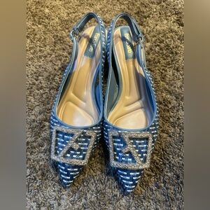 Franco Sarto Blue and White Woven Block Heels